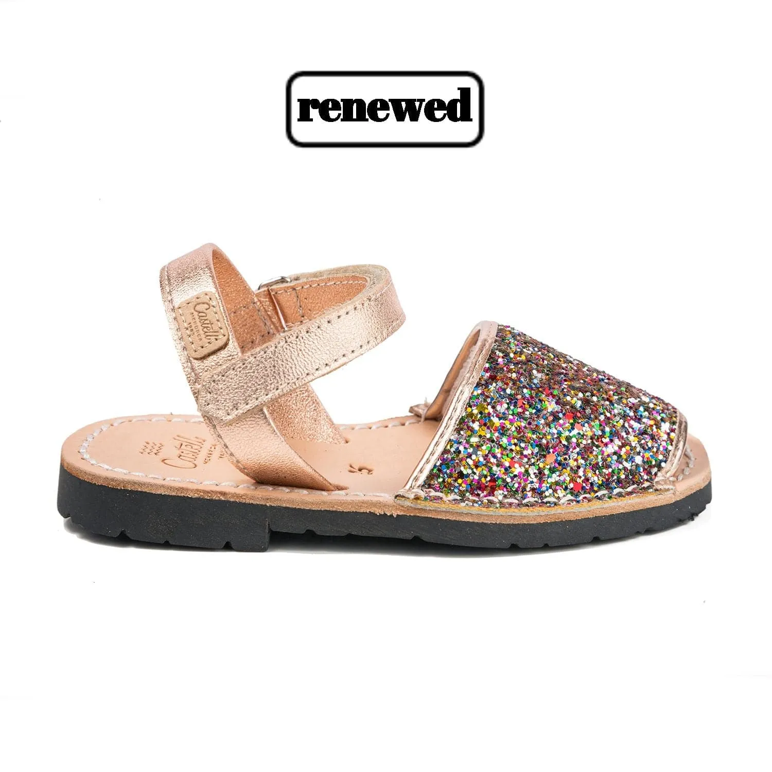 Renewed Glitter Leather Open Toe Menorcan Sandal For Kids - Iker 1002R Glitter