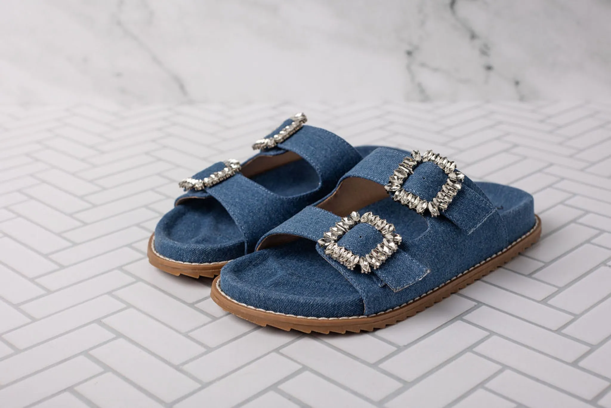 Stellar Rhinestone Buckle Slides in Denim