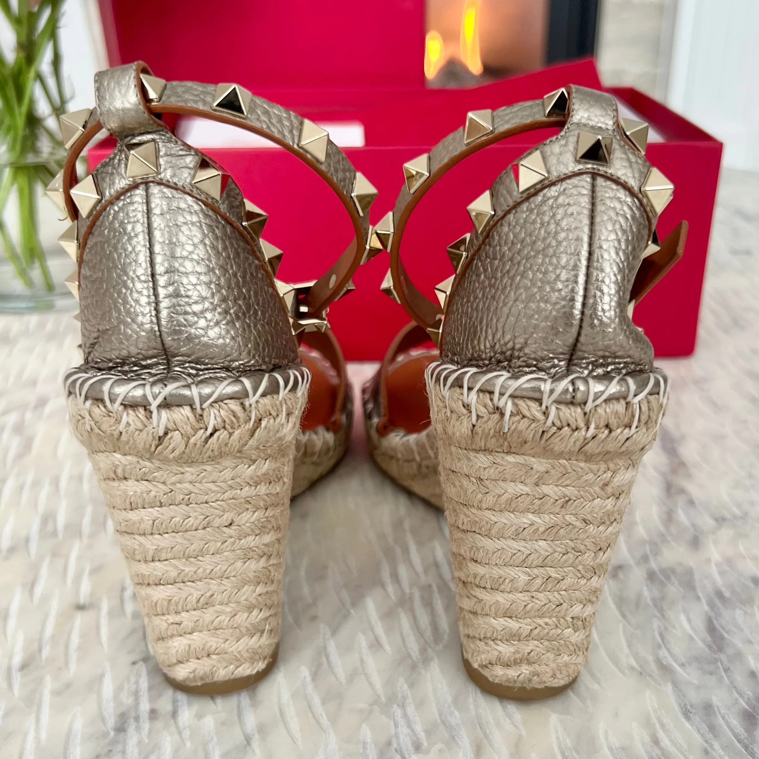 Valentino Garvani Rockstud Leather Espadrille Wedge Sandals