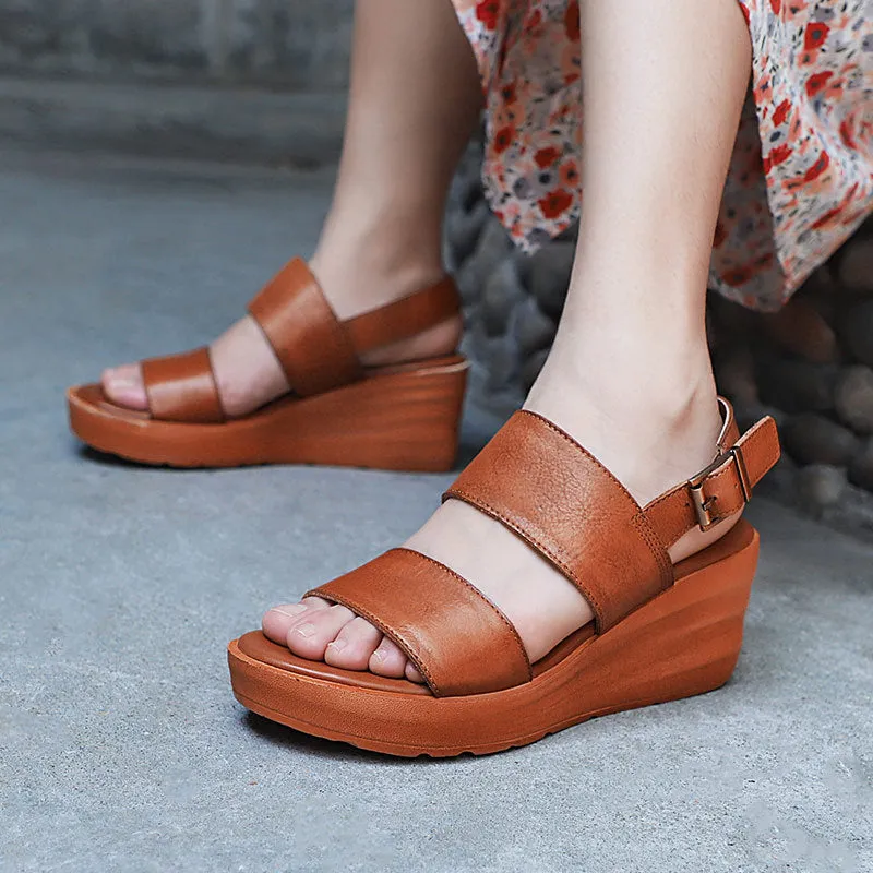 Women Summer Retro Leather Casual Wedge Sandals